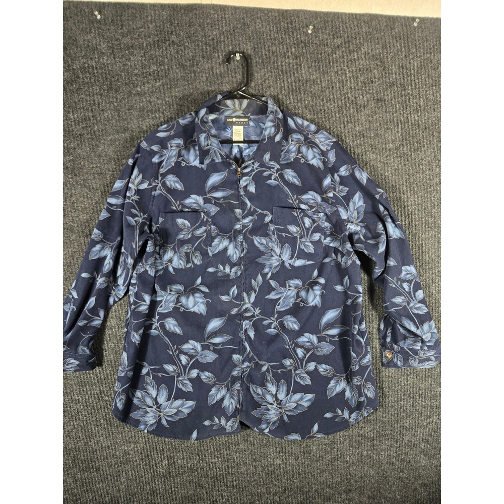 Sag Harbor Woman Navy Blue Floral Leaf Zip Up Collared Blouse Plus 20W